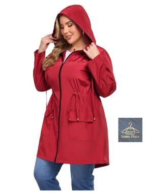 Plus Size 1X-5X Long Hooded Raincoat Waterproof Windbreaker Lightweight with